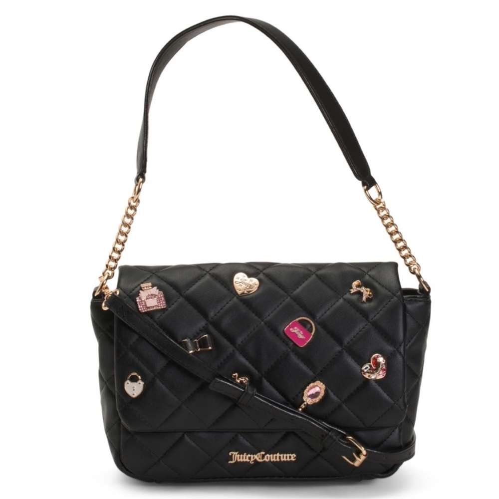 Juicy Couture Black Quilted Shoulder Bag with Gold Hardware and Charm Accents